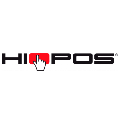 Logotipo de HI-POS con una mano tocando un botón rojo.