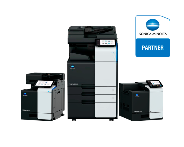 Impresoras multifuncionales de diferentes tamaños con logo de Konica Minolta.