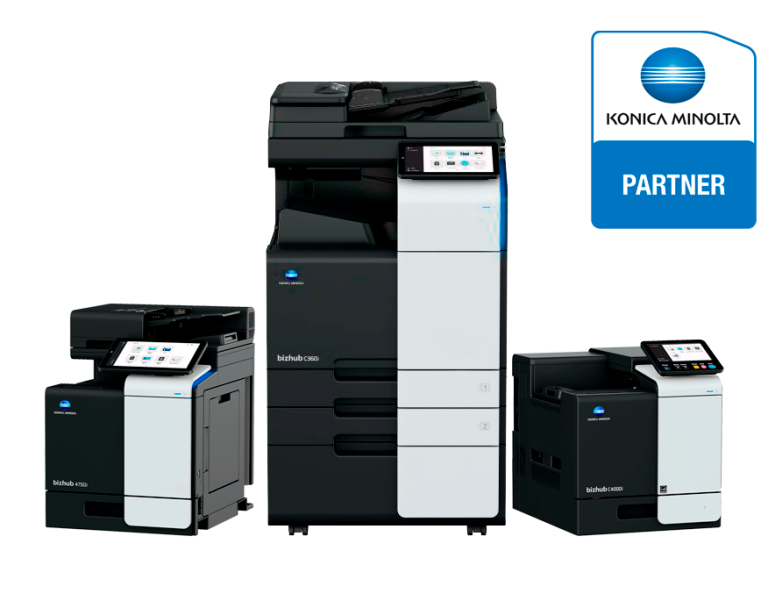 Impresoras multifuncionales de diferentes tamaños con logo de Konica Minolta.