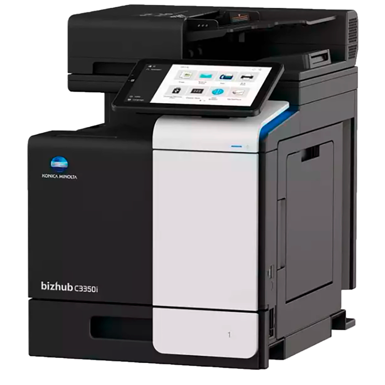 Impresora multifuncional en blanco y negro con pantalla táctil y funciones de copia y escaneo.