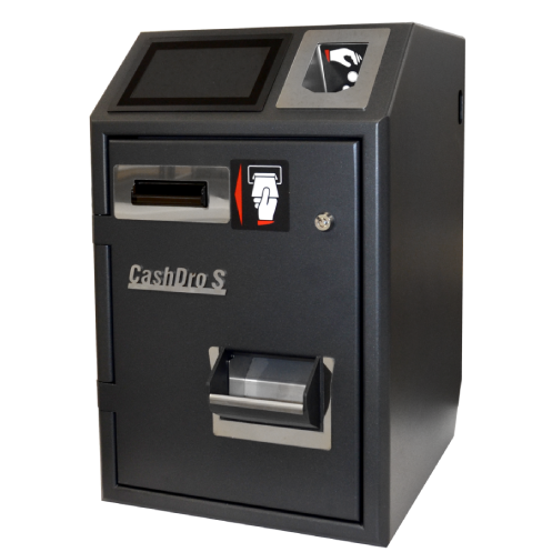 Máquina expendedora de efectivo con pantalla y ranura para tarjetas.
