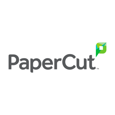 Logotipo de PaperCut con un icono verde en forma de flecha y texto en gris.
