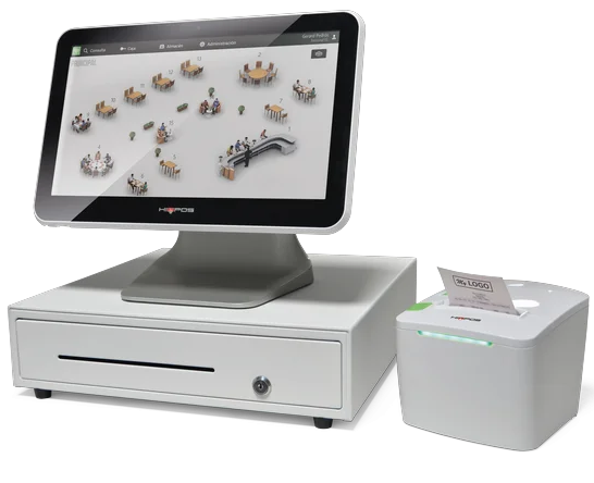Sistema de punto de venta con monitor, caja registradora y impresora de recibos.