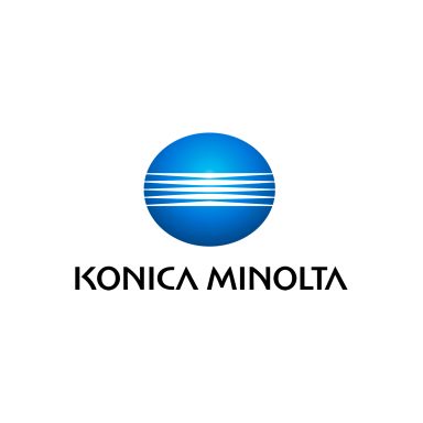 Logo de Konica Minolta, círculo azul con líneas blancas y texto en negro.