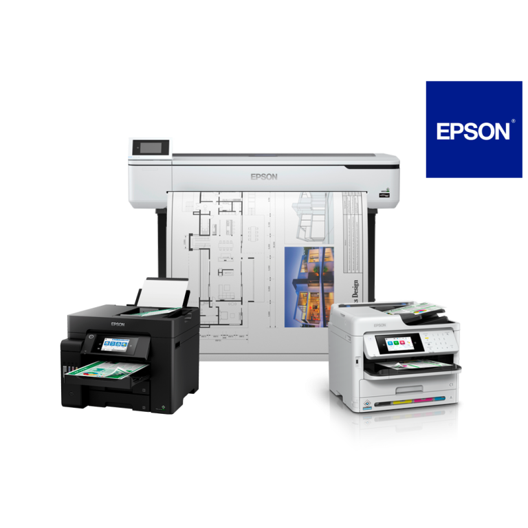 Impresoras de diferentes modelos de Epson, incluyendo una multifuncional y una de gran formato.